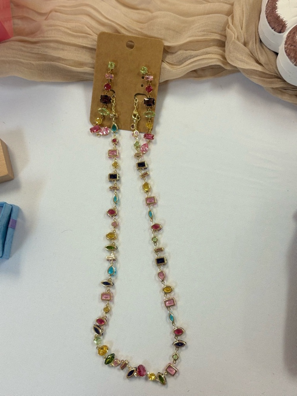 Multicolor Crystal Long Necklace and Earrings Set - Gold Tone
